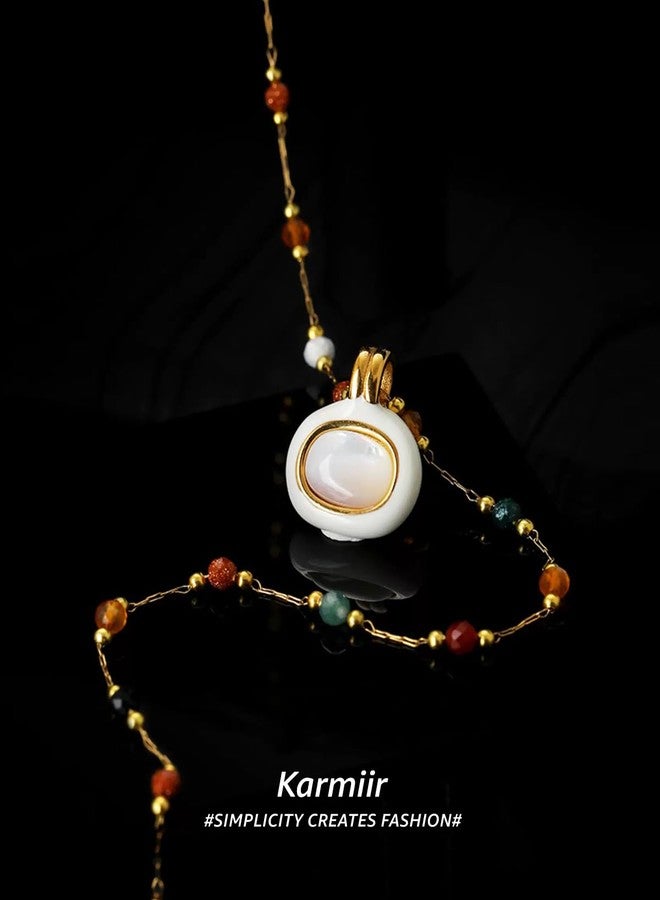 Karmiir Women's Pendant Necklace Beaded Natural Stones Station with White Shell Pendant - 18K Gold-Plated Non-tarnish Necklace 18" + 2” Extension Dainty Jewelry - Image 4